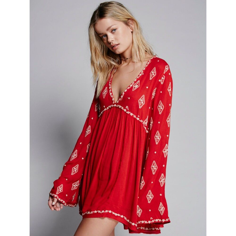 Free People Diamond Embroidered Tunic Long Sleeve Bell Sleeves V Neck Red Med